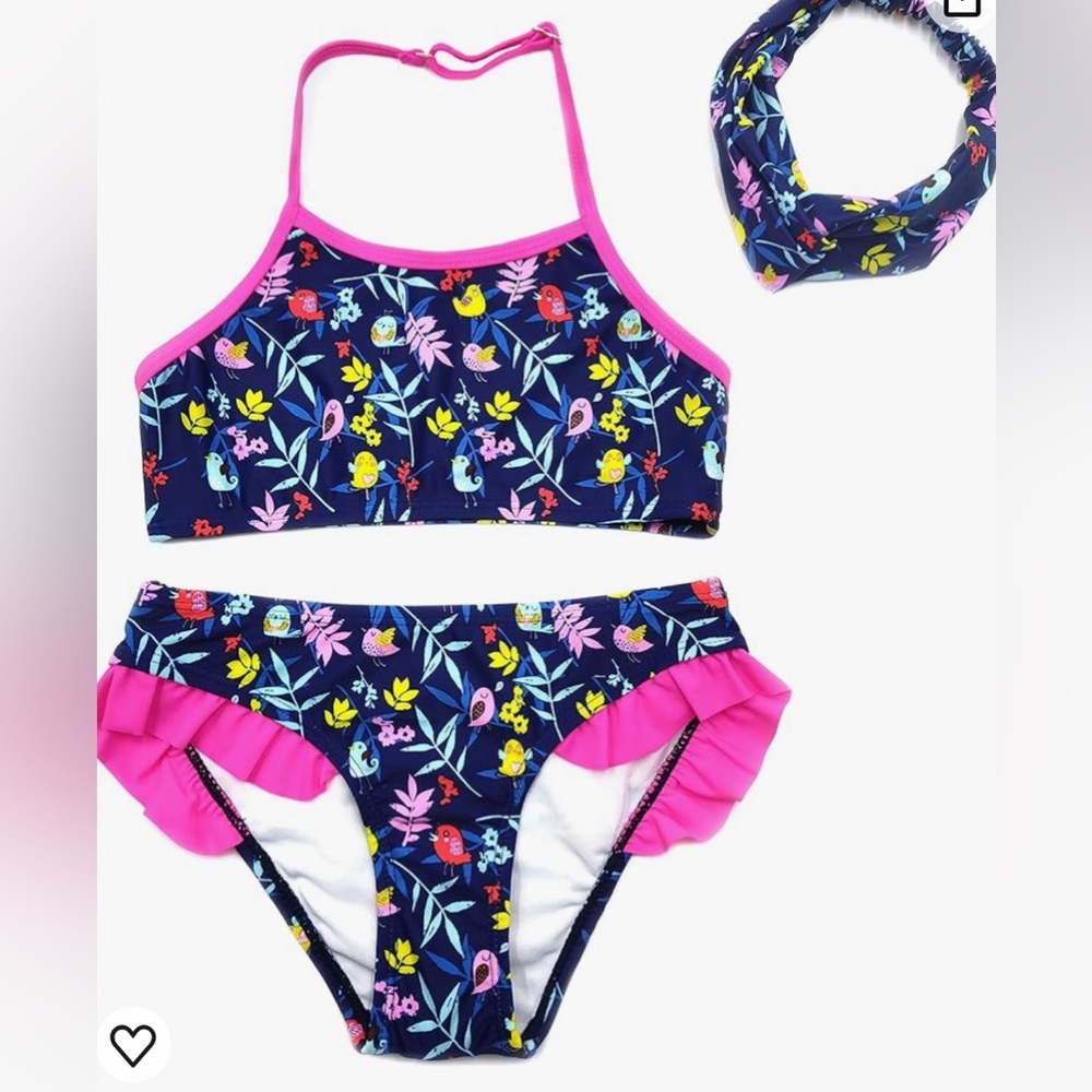 NWT Two Piece Swimsuit halter top bikini Ruffle Size 8 See size chart cute birds